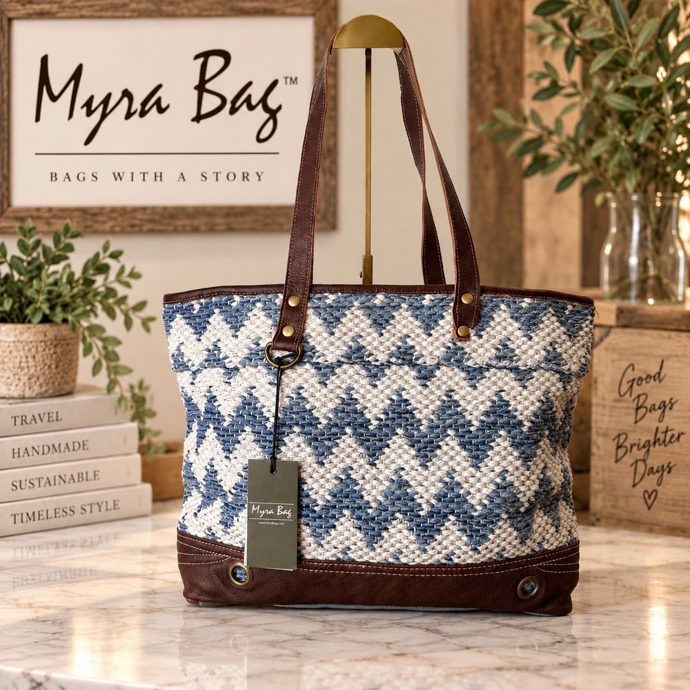 Myra Bag Californian Vibe Tote Bag Blue White Woven Leather NWT